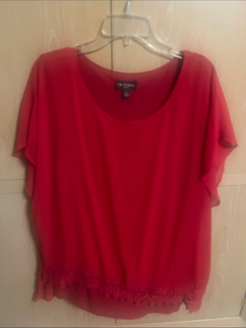 I. N. Studio Women Bright Red Flutter-Sleeve Top with Lace Trim